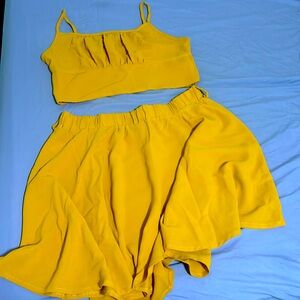 Yellow/gold shirt and crop top set. Size Large.